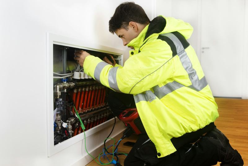 An HVAC technician connecting a drain hose to a new pump to replace a condensate pump below an air handler